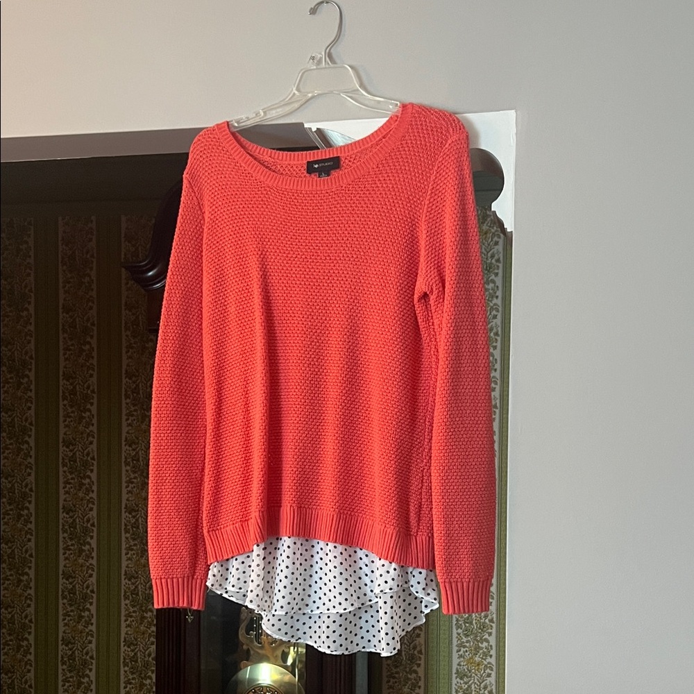Coral Sweater with Polka Dot Hem